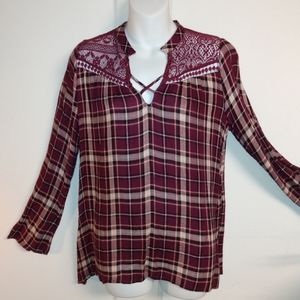 Plaid Burnout Yoked Peasant Style Top